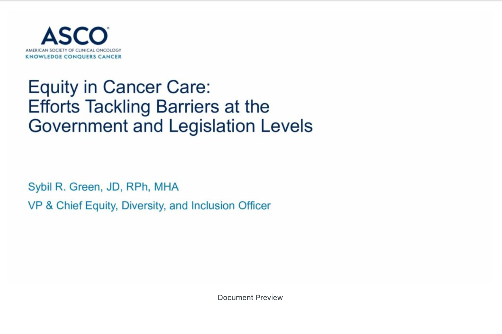 Equity in Cancer Care: Efforts Tackling Barriers at the Government and Legislation Levels